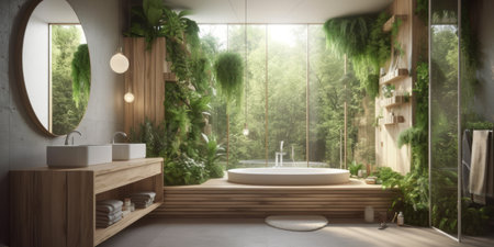 Interior of modern bathroom with wooden walls, concrete floor, comfortable white bathtub and round mirror. 3d renderingの素材