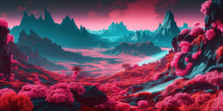fantasy alien planet. mountain and clouds. 3D illustration.の素材