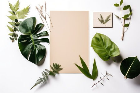 Creative layout made of tropical leaves. Flat lay, top view.の素材