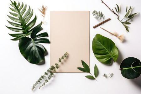 Flat lay composition with tropical leaves and blank card on white backgroundの素材