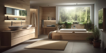 3d render of a modern bathroom with wooden walls and wooden floorの素材