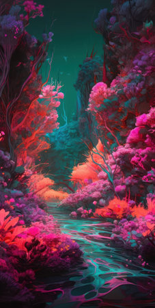 3D illustration of a fantasy underwater landscape with coral reef and fishの素材
