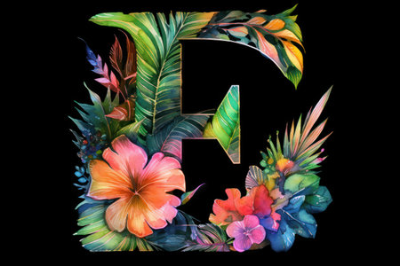 Letter G with tropical flowers and leaves. hand-drawn illustration.の素材