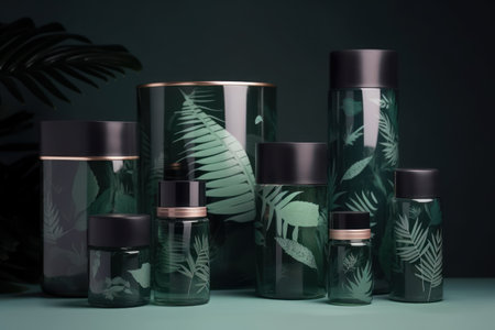 Mockup of cosmetic bottles with tropical leaves on dark blue backgroundの素材