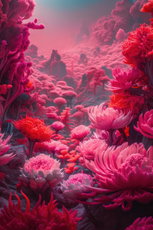 Fantasy landscape with red flowers. digital painting. 3d renderingの素材