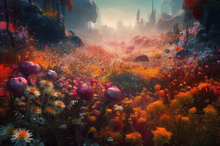 Fantasy landscape with fantasy forest and flowers. 3d illustration.の素材