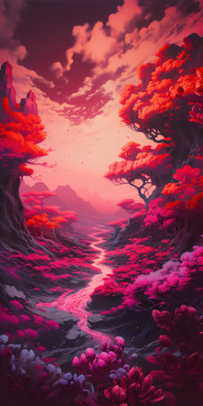 Fantasy landscape with red clouds and a lake. 3d illustrationの素材