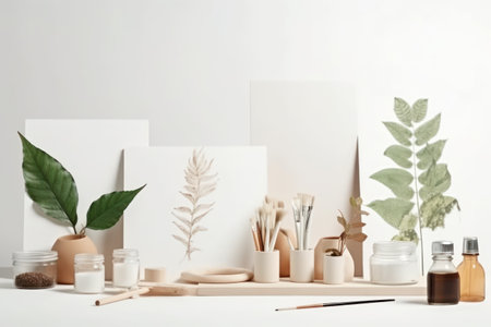 Set of cosmetic products and green plants on white background, 3d renderの素材