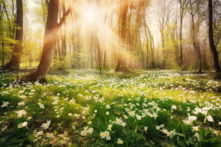 Spring forest with white flowers and sun rays. Blurred background.の素材