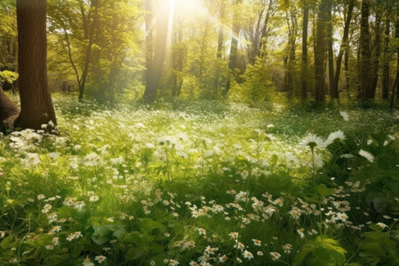 Beautiful spring forest with wild flowers and sunlight. spring nature backgroundの素材
