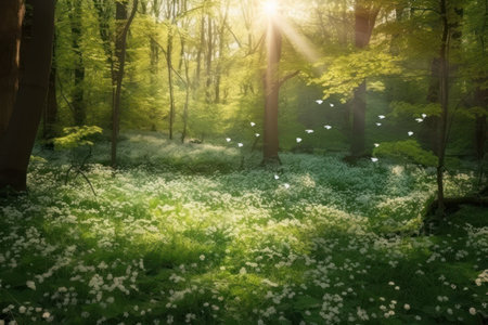 Beautiful spring forest with blooming white flowers in the rays of the sunの素材