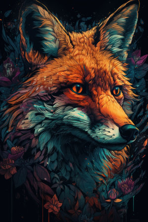 Beautiful fox with flowers and leaves on a black background. digital painting.の素材