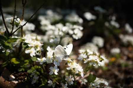 Butterfly on white flowers in spring forest. nature background.の素材
