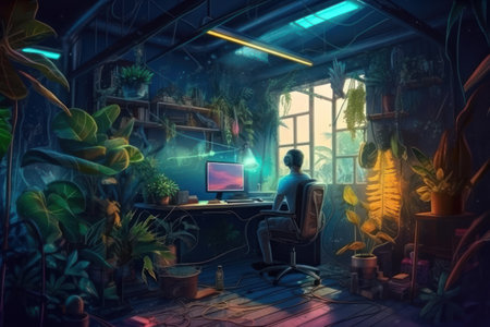 Young man working on computer in the office at night. mixed mediaの素材