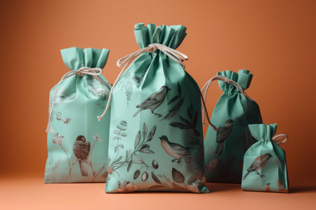 Green fabric bags with flowers and birds on orange background. close up.の素材