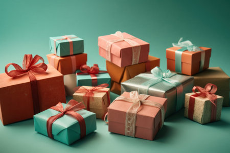 Colorful gift boxes on green background, vintage toned picture.の素材