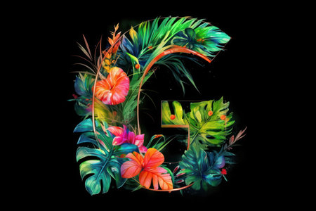 Letter G with tropical leaves and hibiscus flowers on black backgroundの素材