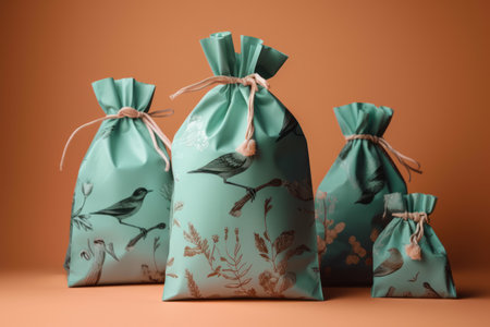 Three green bags with floral pattern on orange background, 3d renderの素材