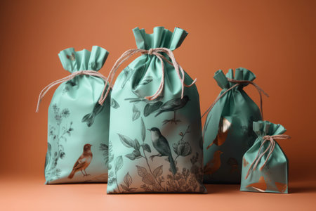 Three green gift bags with bows and ribbons on a brown backgroundの素材