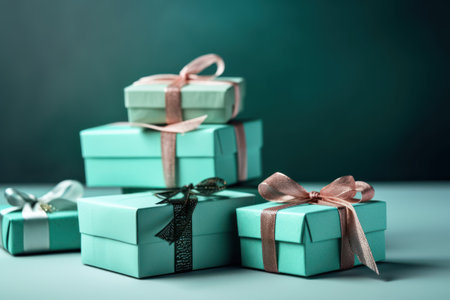 Gift boxes with ribbons and bows on a dark green backgroundの素材