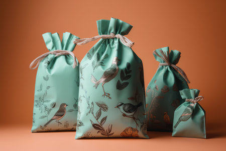 Gift bags with flowers and birds on orange background, closeupの素材