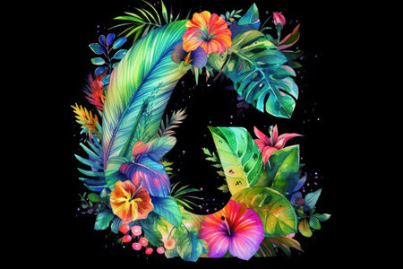 tropical font. Letter G. Colorful exotic flowers and leaves.の素材