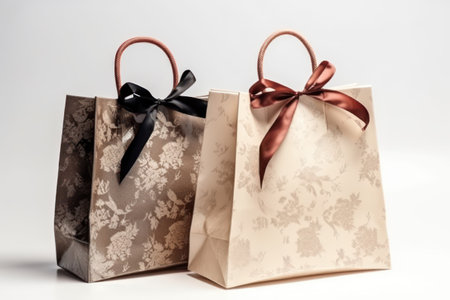 Paper shopping bags with red and gold ribbons on a white backgroundの素材