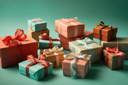 Colorful gift boxes on green background. Christmas and New Year concept.の素材