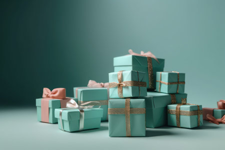 Gift boxes with ribbons on a green background. copyspace.の素材