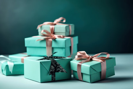 Gift boxes with ribbons and bows on a green background.の素材