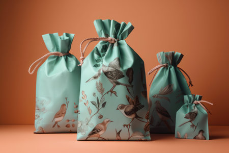 Three gift bags with floral pattern on orange background, 3d renderの素材