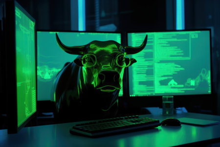 Black bull head in front of a computer monitor with stock market data.の素材