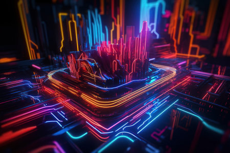 3D rendering of futuristic city with neon lights. digital illustration.の素材