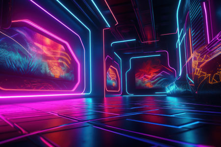 3D abstract background. Futuristic sci-fi tunnel with neon lights. 3d renderingの素材