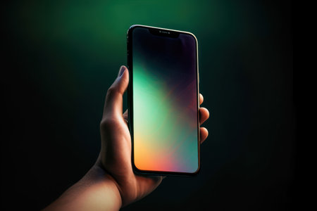 Smartphone in hand on a dark background. close-up.の素材