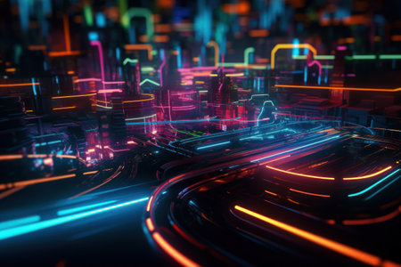 3D rendering of abstract futuristic city with neon lights on the roadの素材