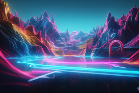 Fantasy landscape with mountains, road and neon lights. 3d renderingの素材