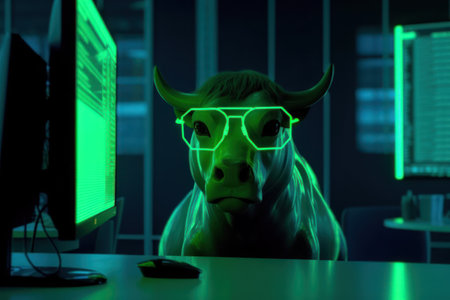 Bull in the office at night with neon lights. 3d renderingの素材