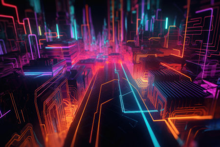 3d rendering of abstract technology background with glowing neon lines. 3d illustrationの素材