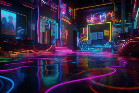 Futuristic night club interior with neon lights, 3D renderingの素材