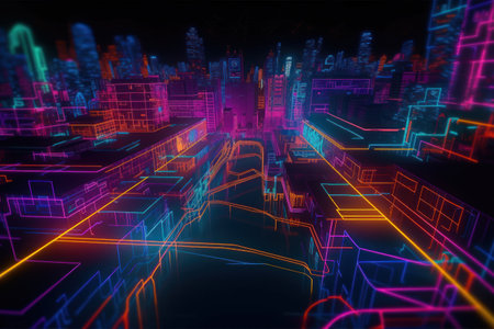 3D rendering of abstract futuristic city with neon lights in the darkの素材