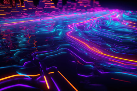 abstract background with glowing neon lines and bokeh. 3d renderingの素材