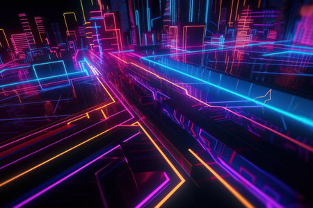 Futuristic background with glowing neon lines. 3d rendering.の素材
