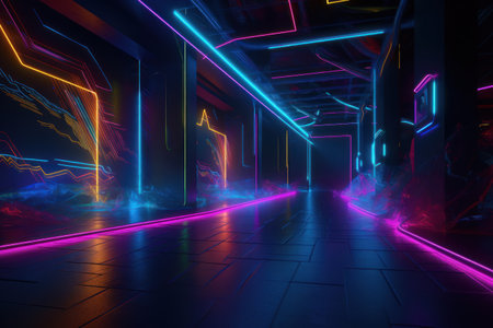 Futuristic dark corridor with neon lights, 3d render illustrationの素材
