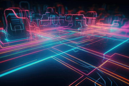 Futuristic abstract background with glowing neon lines. 3D renderingの素材