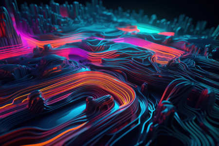 3D rendering of abstract technology concept with glowing lines and waves.の素材