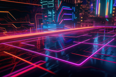 Futuristic technological background with glowing neon lines. 3d renderingの素材
