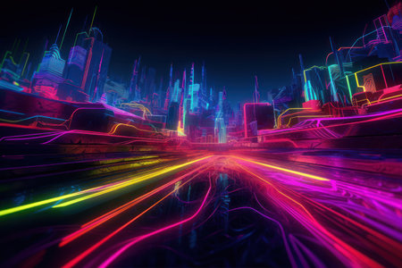 Futuristic city with neon lights on a dark background. 3d renderingの素材