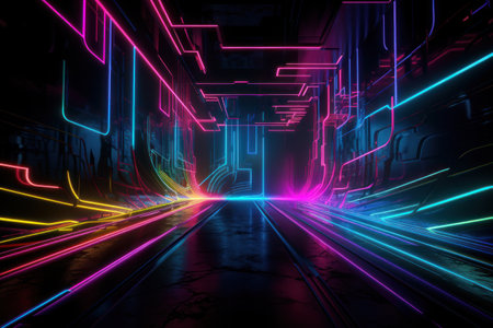 Futuristic dark corridor with glowing neon lights. 3d renderingの素材