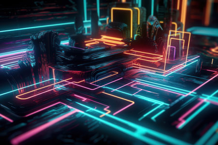 3d rendering of a neon background with a lot of glowing elementsの素材